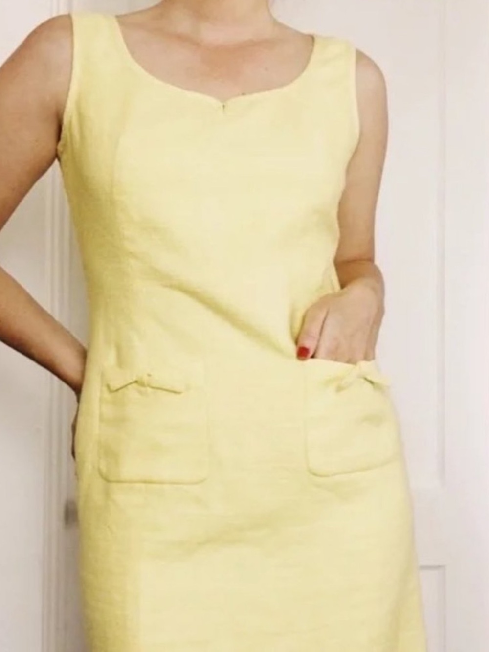 Talbots Petites Linen Cotton Yellow Bow Detail Pockets Sheath Dress Size 10P